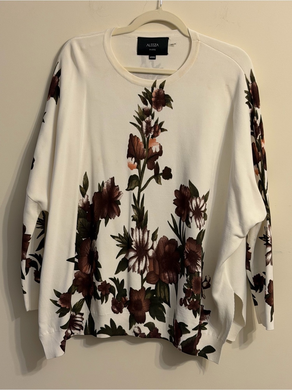 Aleeza Paris Oversized Cream Floral Pullover Sweater with Brown Blooms - Picture 3 of 4